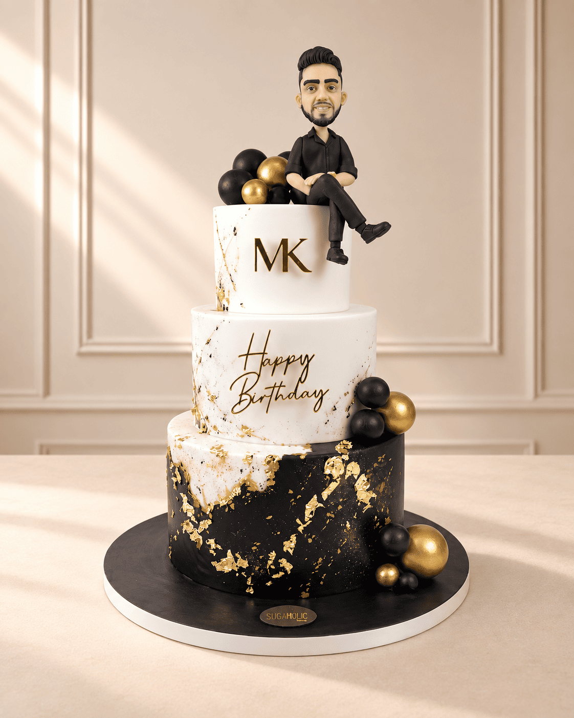 Modern Gentleman Black and Gold Three Tier Cake