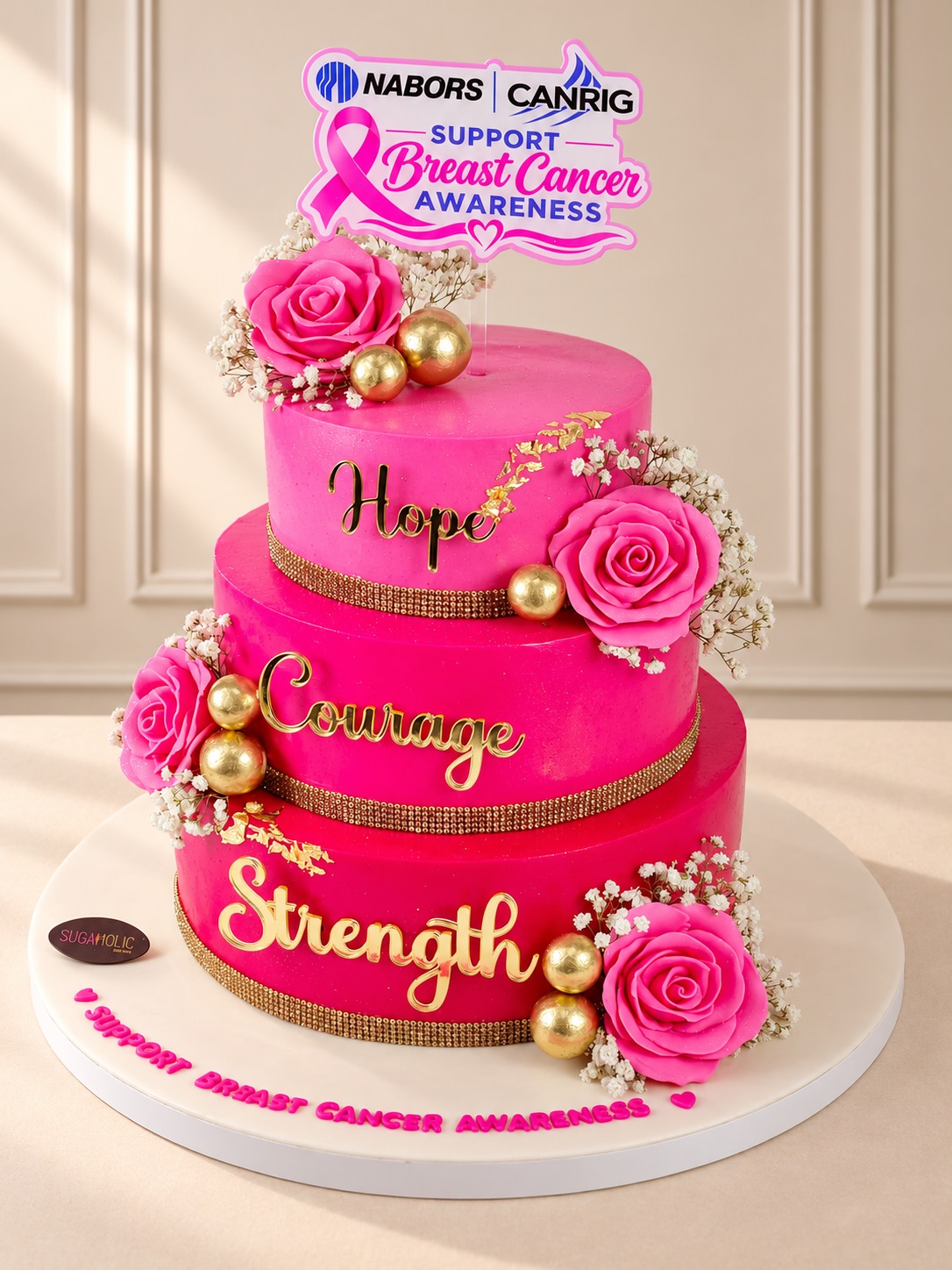 Pink Floral Breast Cancer Awareness Three Tier Cake