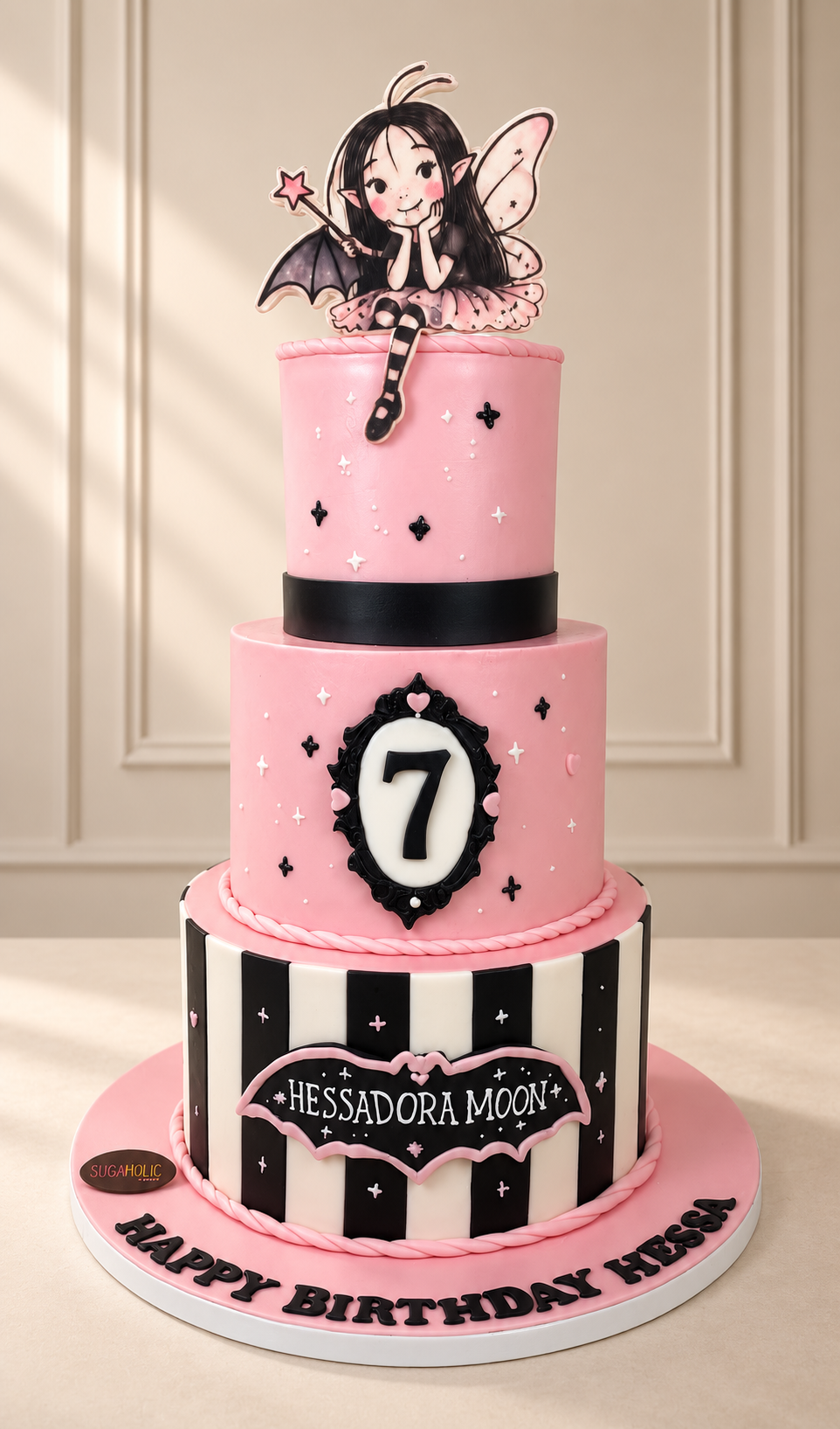 Pink and Black Isadora Moon Three Tier Cake